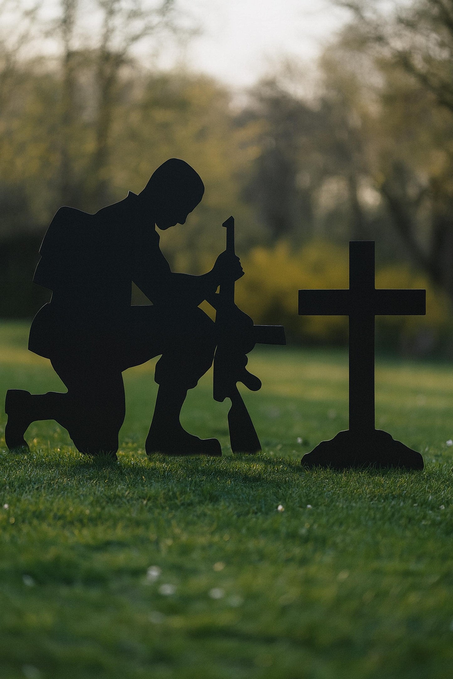 All-Weather Kneeling Soldier at Cross Yard Display, PVC Outdoor Garden Decoration Fallen Soldier, Veterans Day Yard Art, Patriotic Decors