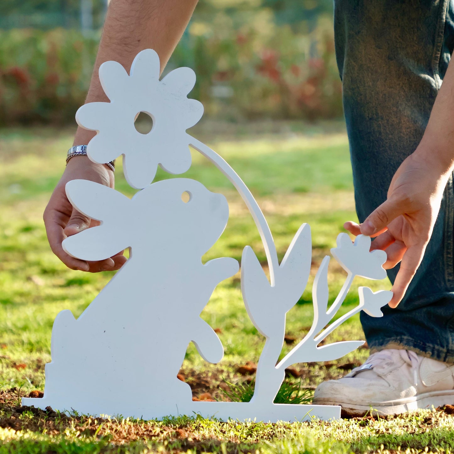 18 Inches  Rabbit Decor, PVC Rabbit Yard Display, Bunny Easter Decoration, Easter Garden Decor,  Bunny Smelling Flower