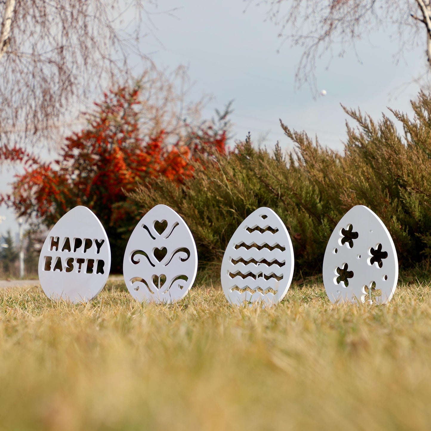 All-Weather Set of 4 Easter Egg Decor, PVC Egg Yard Sign, Easter Outdoor Garden Decoration, Easter Yard Art, Easter Ornaments