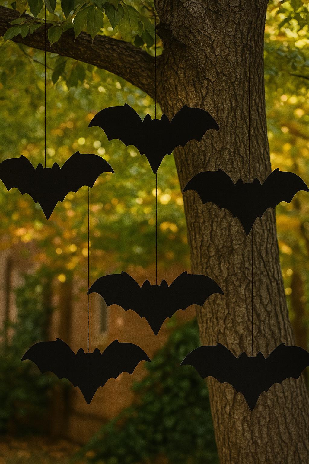 Set of 6 Black Hanging Bats, Halloween PVC Yard Decor, Outdoor Haunted Tree Props, Spooky Lawn Decoration