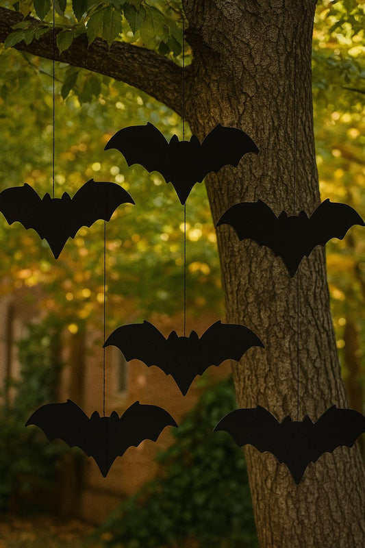 Set of 6 Black Hanging Bats, Halloween PVC Yard Decor, Outdoor Haunted Tree Props, Spooky Lawn Decoration