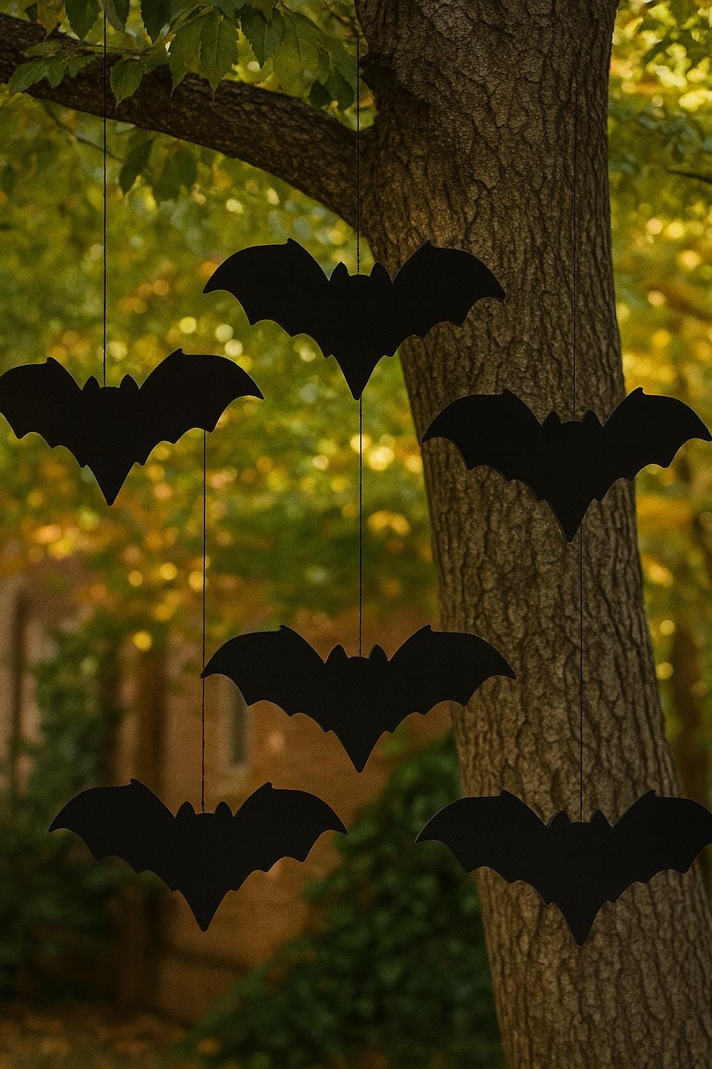 Set of 6 Hanging Halloween Bats, 15” PVC Yard Decor, White or Black Bat Decorations, Scary Tree Hanging Props, Outdoor Haunted Decor