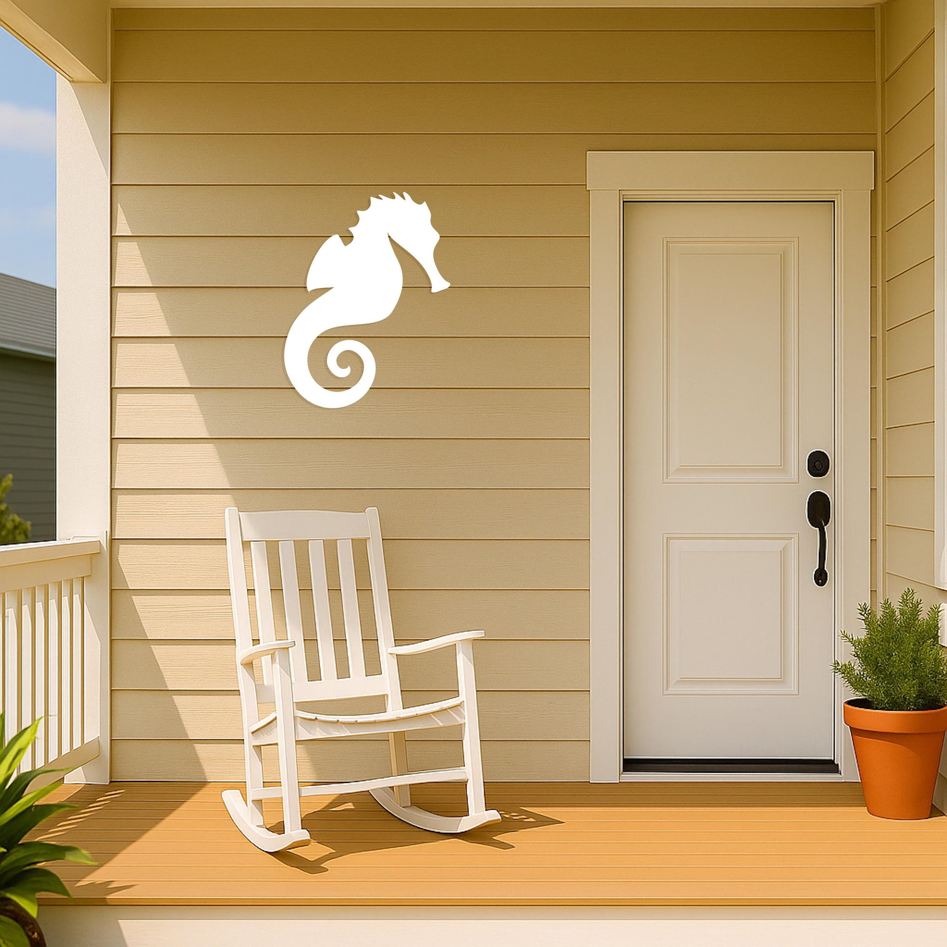 Seahorse Wall Art – Outdoor White PVC Sign for Porch, Gable, or Garage, Coastal Nautical Decor for Beach House Exterior or Pa