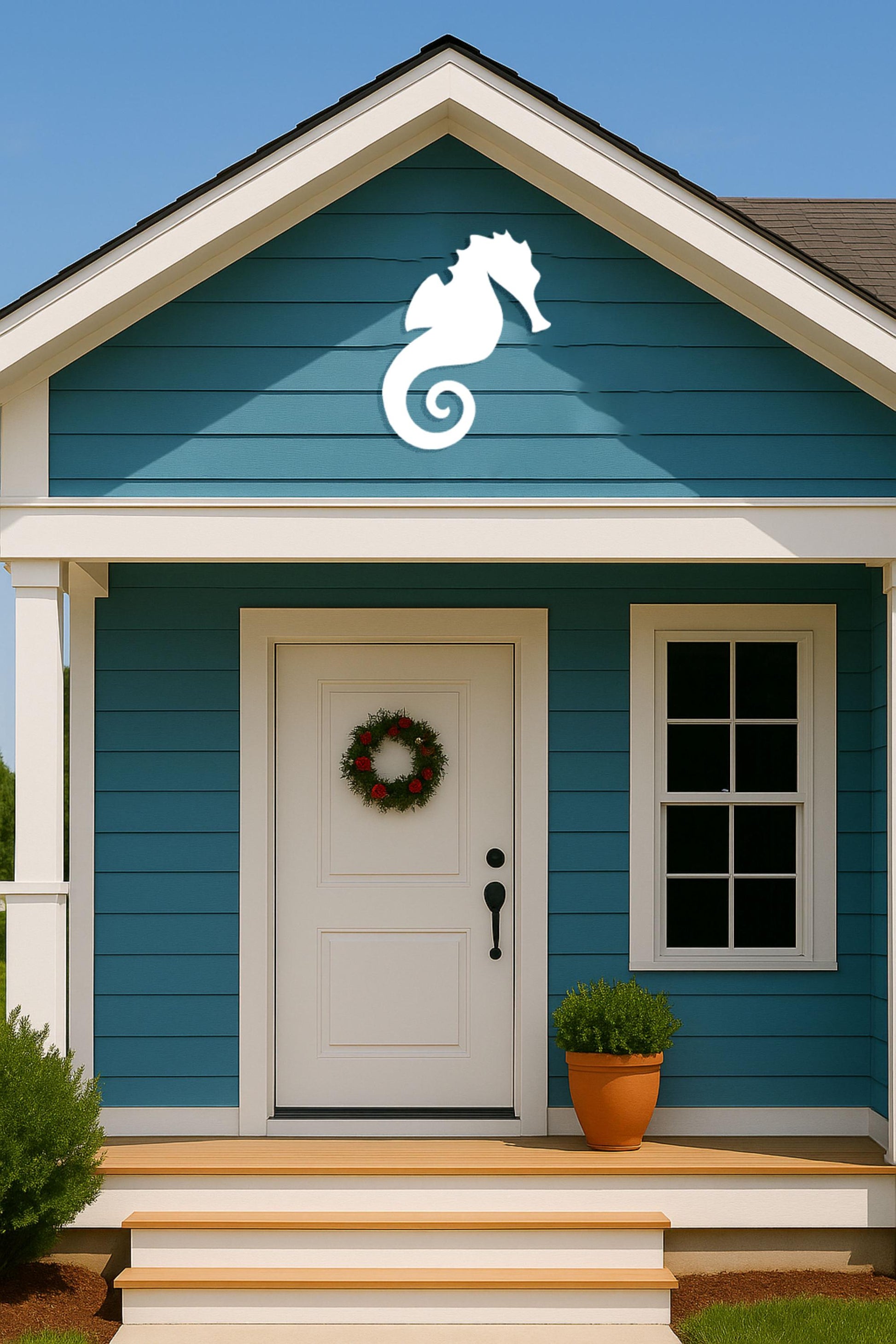 Seahorse Wall Art – Outdoor White PVC Sign for Porch, Gable, or Garage, Coastal Nautical Decor for Beach House Exterior or Pa