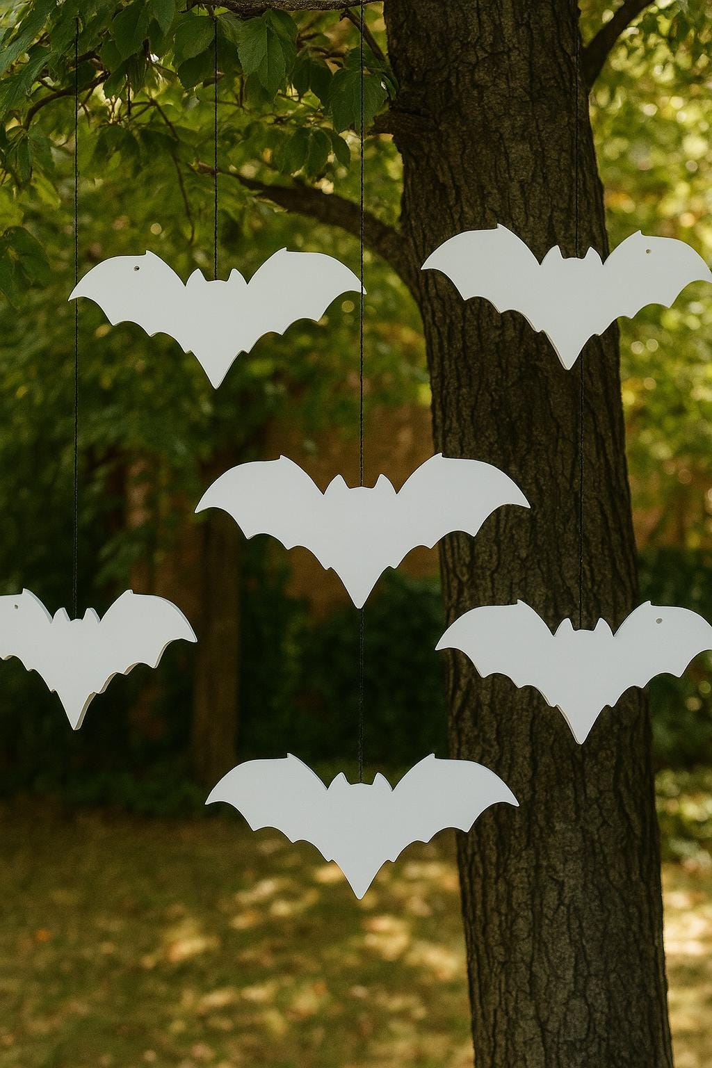 Set of 6 Black Hanging Bats, Halloween PVC Yard Decor, Outdoor Haunted Tree Props, Spooky Lawn Decoration