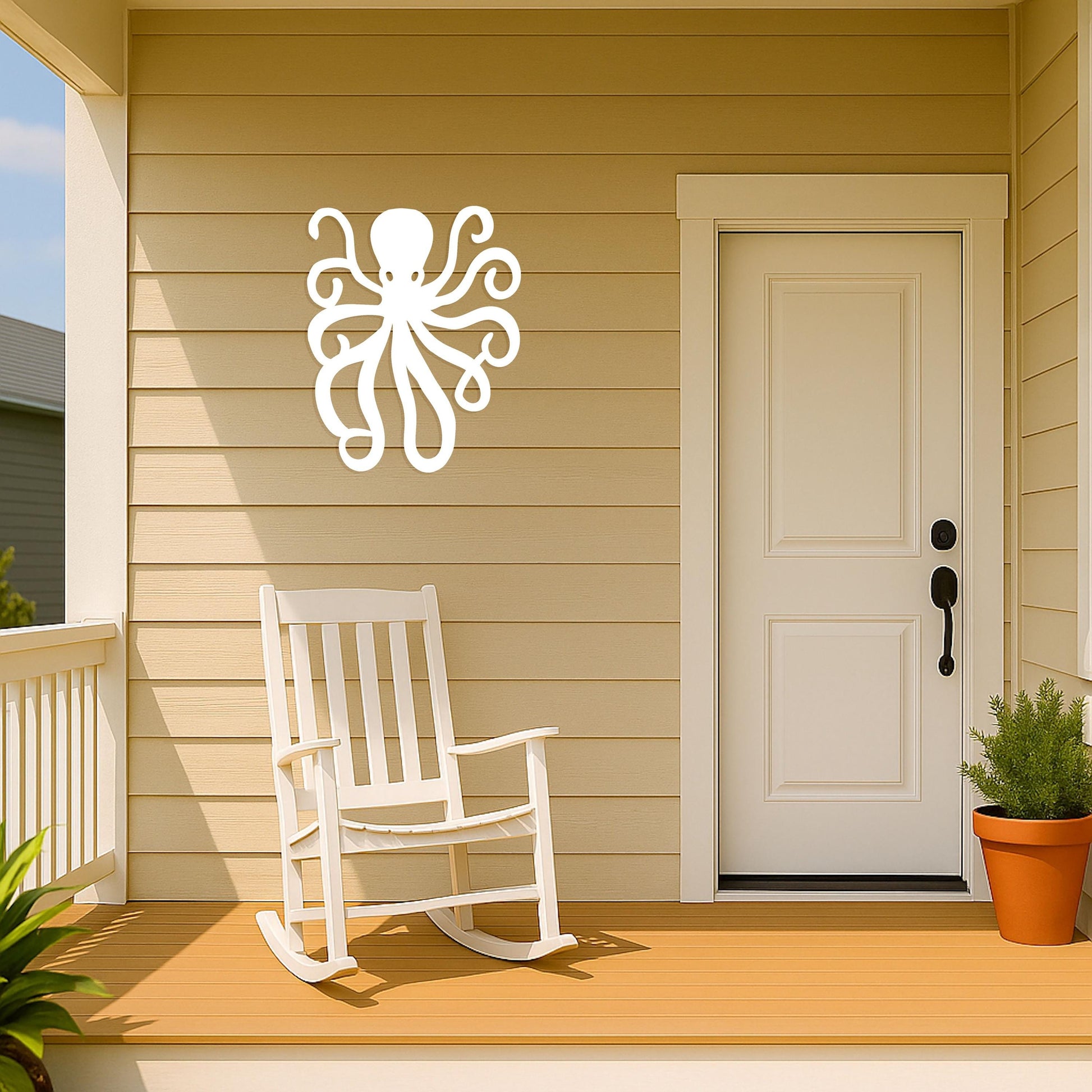 Octopus Wall Art Outdoor PVC Sign, White Nautical Coastal Decor for Beach House, Weatherproof Gable or Porch Exterior Decorat