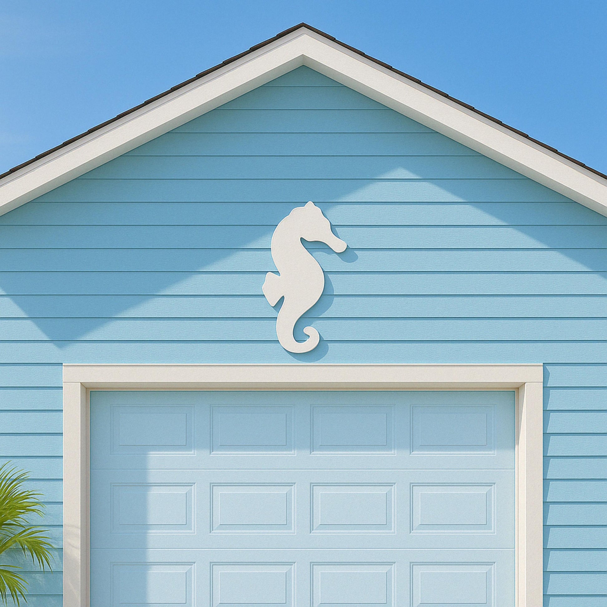 Seahorse Wall Art – Outdoor White PVC Sign for Porch, Gable, or Garage, Coastal Nautical Decor for Beach House Exterior or Pa