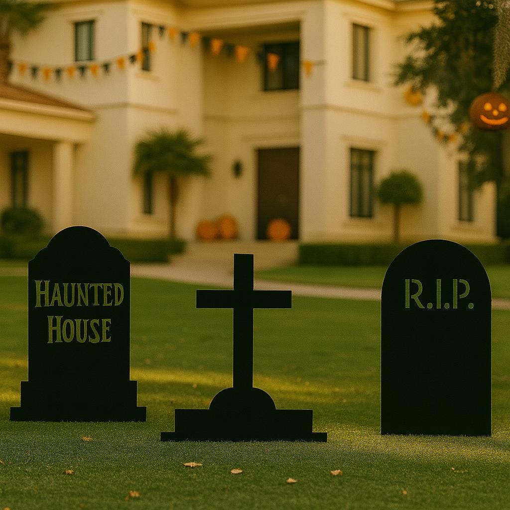 White Tombstone Halloween Decorations, Outdoor PVC Yard Signs with RIP, Cross & Haunted House, Weatherproof Grave Props