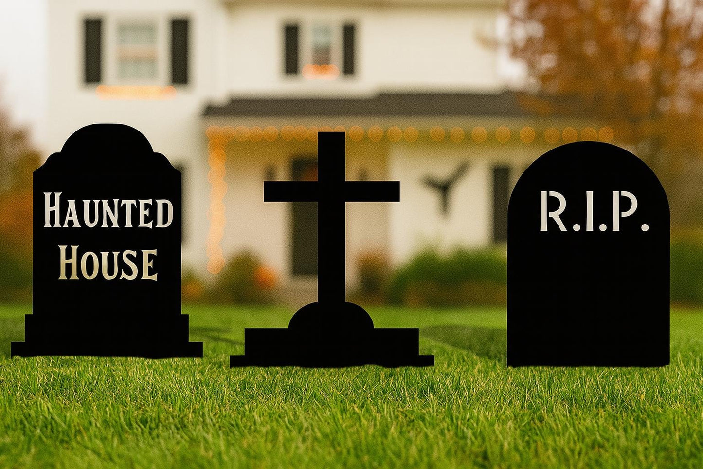 Black Tombstone Halloween Yard Decor, Outdoor PVC Graveyard Signs with RIP, Haunted House, Cross Spooky Lawn Decorations for Halloween