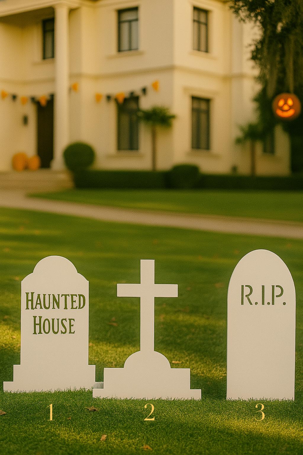 White Tombstone Halloween Decorations, Outdoor PVC Yard Signs with RIP, Cross & Haunted House, Weatherproof Grave Props