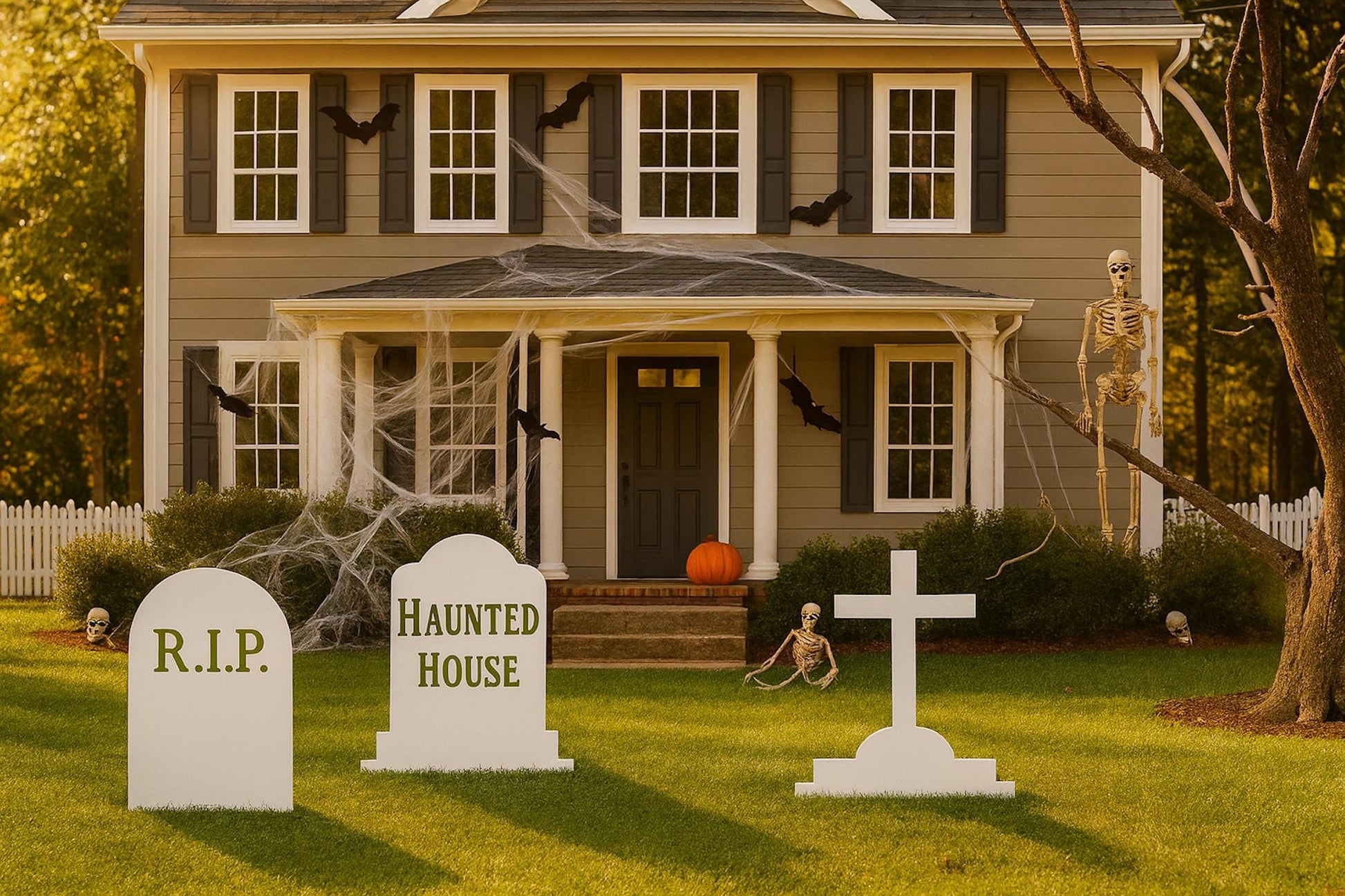 White Tombstone Halloween Decorations, Outdoor PVC Yard Signs with RIP, Cross & Haunted House, Weatherproof Grave Props