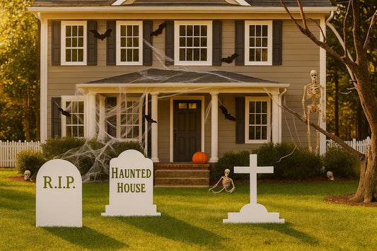 White Tombstone Halloween Decorations, Outdoor PVC Yard Signs with RIP, Cross & Haunted House, Weatherproof Grave Props