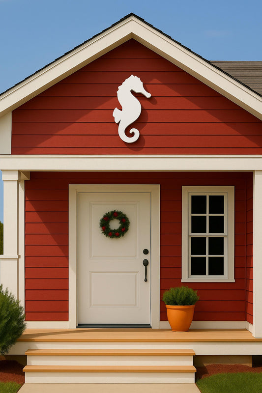Seahorse Wall Art – Outdoor White PVC Sign for Porch, Gable, or Garage, Coastal Nautical Decor for Beach House Exterior or Pa