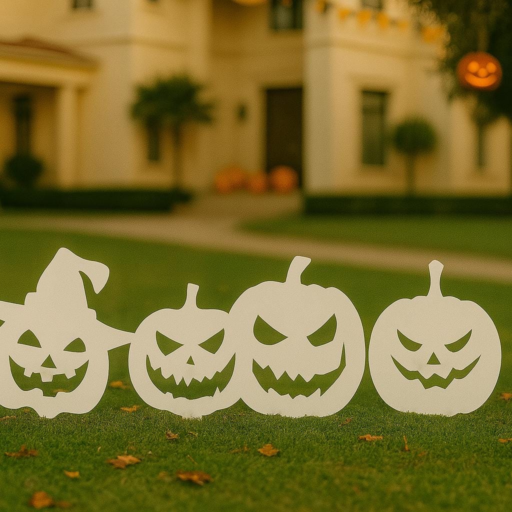 Halloween Pumpkin Yard Display Set, 4 White PVC Jack O’ Lantern Stakes, Spooky Outdoor Decor, Scary Garden Signs, Fall Lawn Decoration