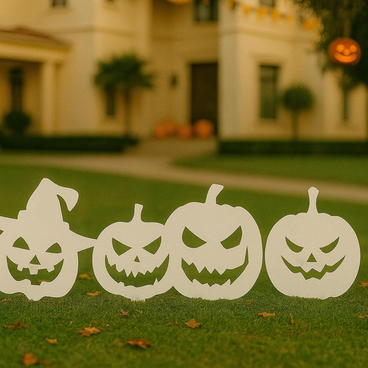 Halloween Pumpkin Yard Display Set, 4 White PVC Jack O’ Lantern Stakes, Spooky Outdoor Decor, Scary Garden Signs, Fall Lawn Decoration