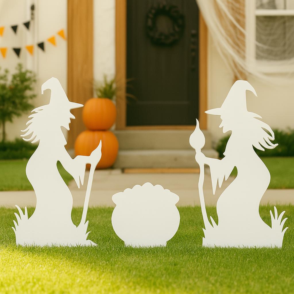 Witch Halloween Yard Display, Outdoor PVC Witch Silhouettes with Cauldron, Spooky Garden Decoration for Lawn or Porch
