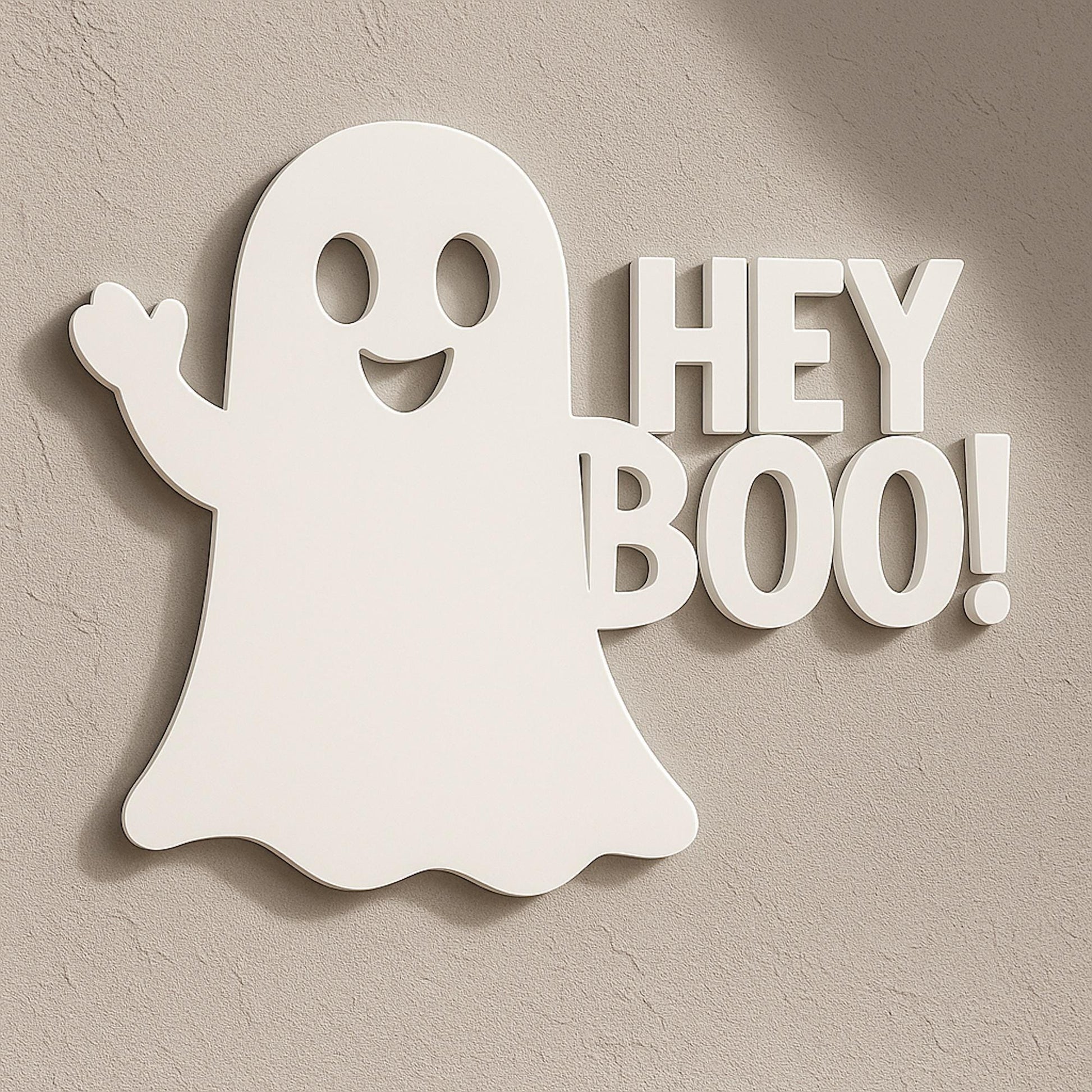 Halloween Ghost Door Sign, White PVC Outdoor Wall Decor, “Hey Boo!” Front Door Greeting, Weatherproof Porch or Entryway Accen