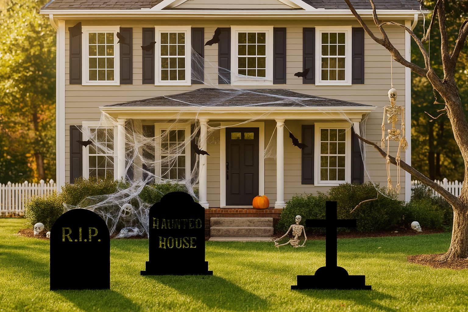 Black Tombstone Halloween Yard Decor, Outdoor PVC Graveyard Signs with RIP, Haunted House, Cross Spooky Lawn Decorations for Halloween