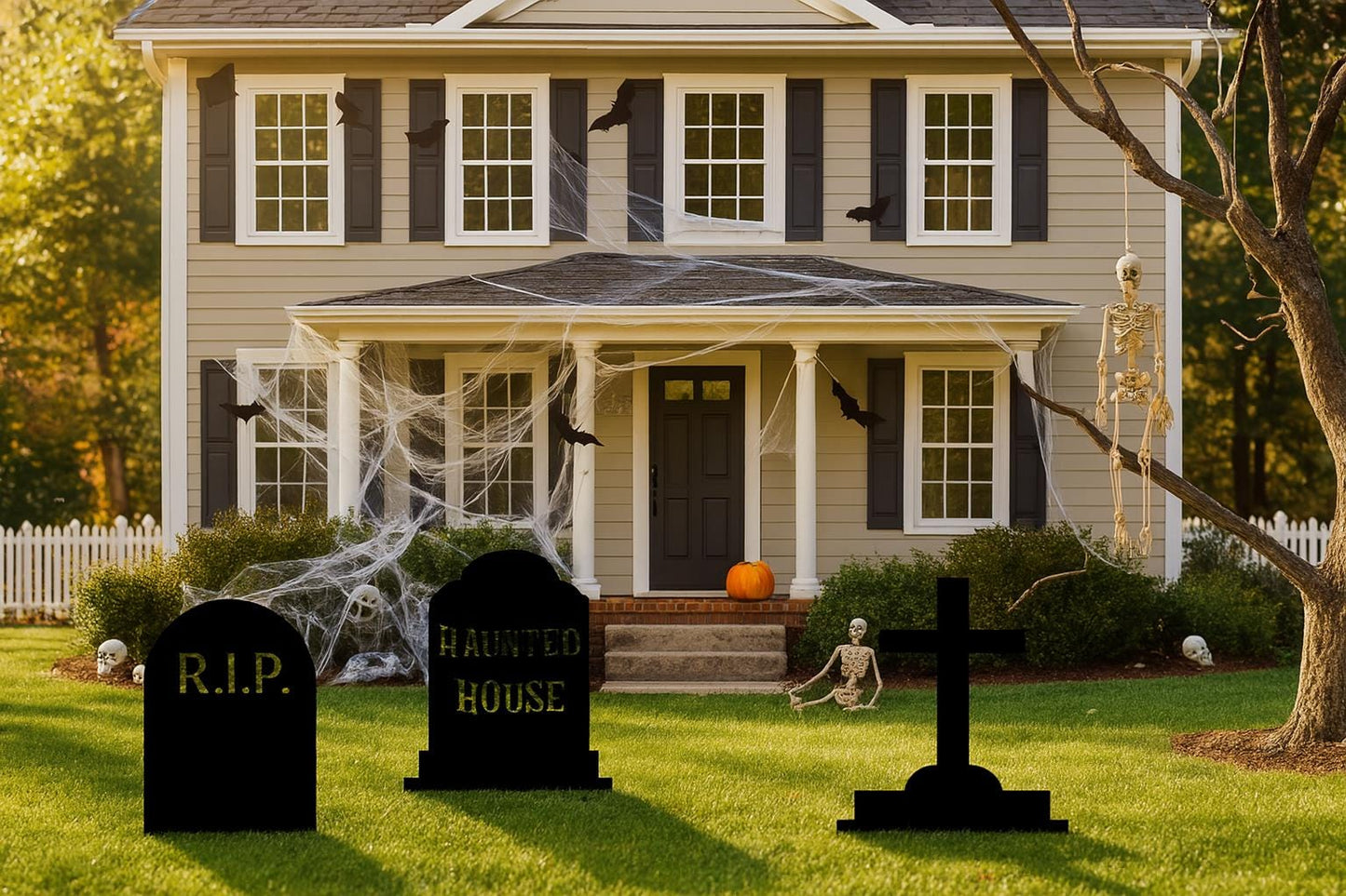 White Tombstone Halloween Decorations, Outdoor PVC Yard Signs with RIP, Cross & Haunted House, Weatherproof Grave Props