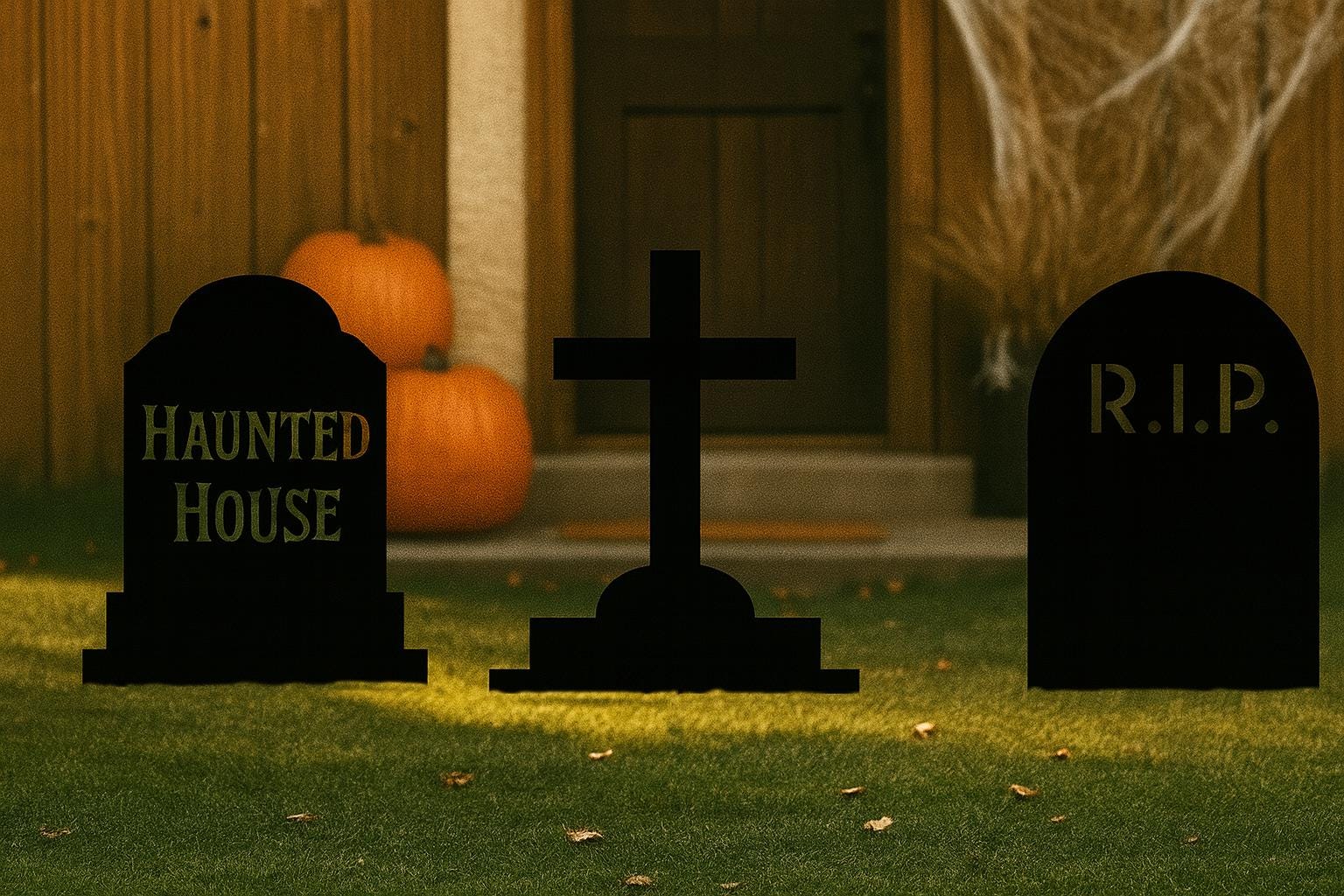 White Tombstone Halloween Decorations, Outdoor PVC Yard Signs with RIP, Cross & Haunted House, Weatherproof Grave Props