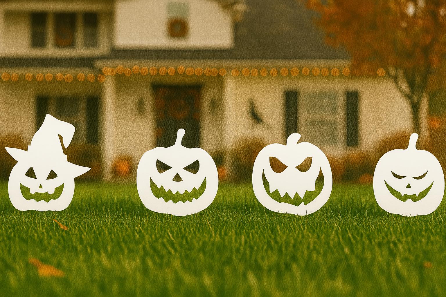 Halloween Pumpkin Yard Display Set, 4 White PVC Jack O’ Lantern Stakes, Spooky Outdoor Decor, Scary Garden Signs, Fall Lawn Decoration