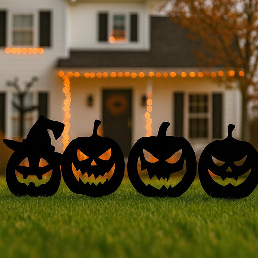 Halloween Yard Decor, Set of 4 Spooky Pumpkin Cutouts for Lawn or Garden, Outdoor PVC Jack-o’-Lantern Silhouettes, Scary Fall Display
