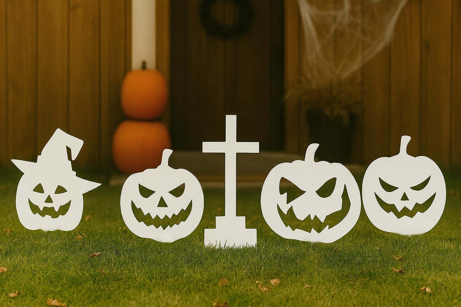 Halloween Pumpkin Yard Display Set, 4 White PVC Jack O’ Lantern Stakes, Spooky Outdoor Decor, Scary Garden Signs, Fall Lawn Decoration