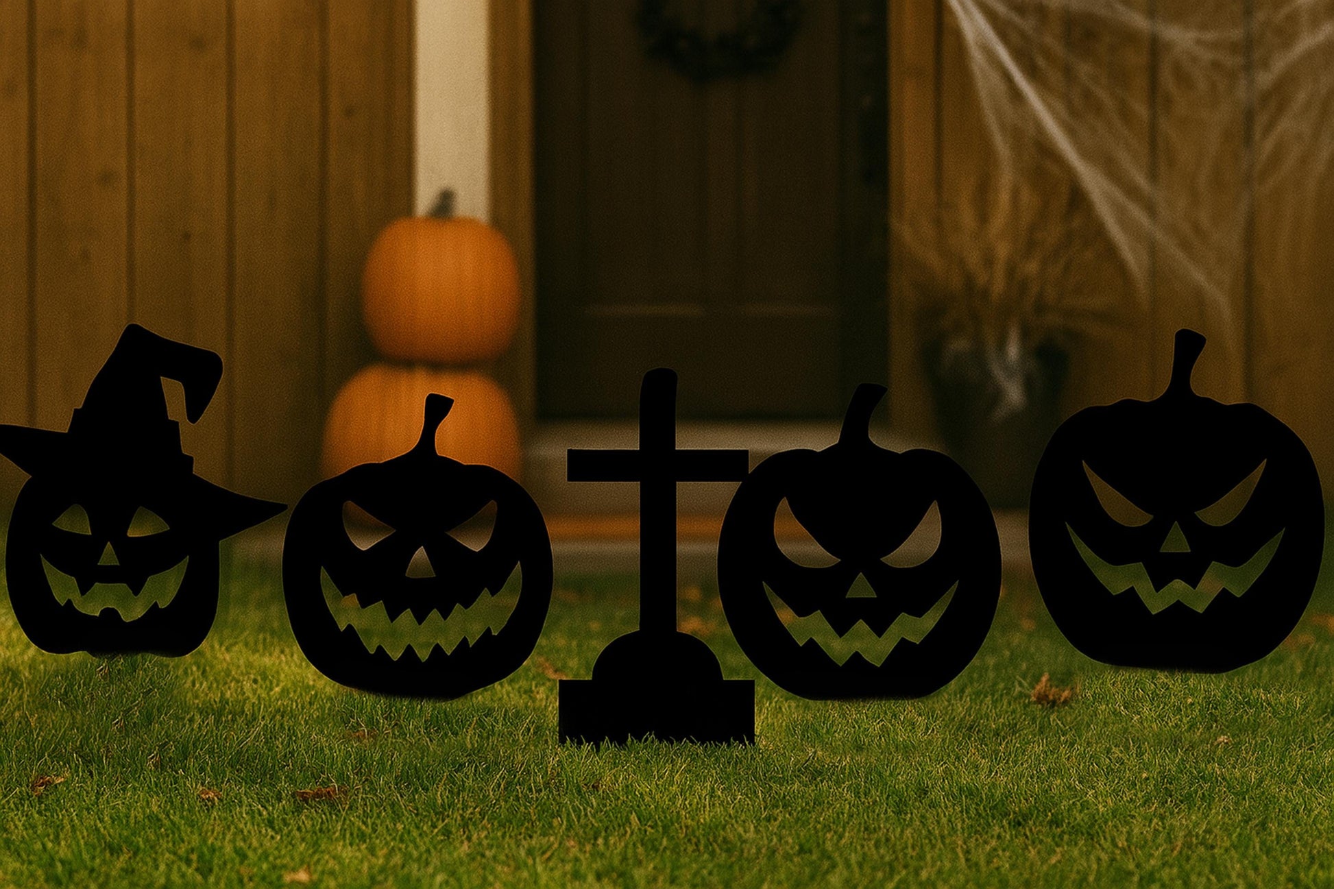 Halloween Yard Decor, Set of 4 Spooky Pumpkin Cutouts for Lawn or Garden, Outdoor PVC Jack-o’-Lantern Silhouettes, Scary Fall Display