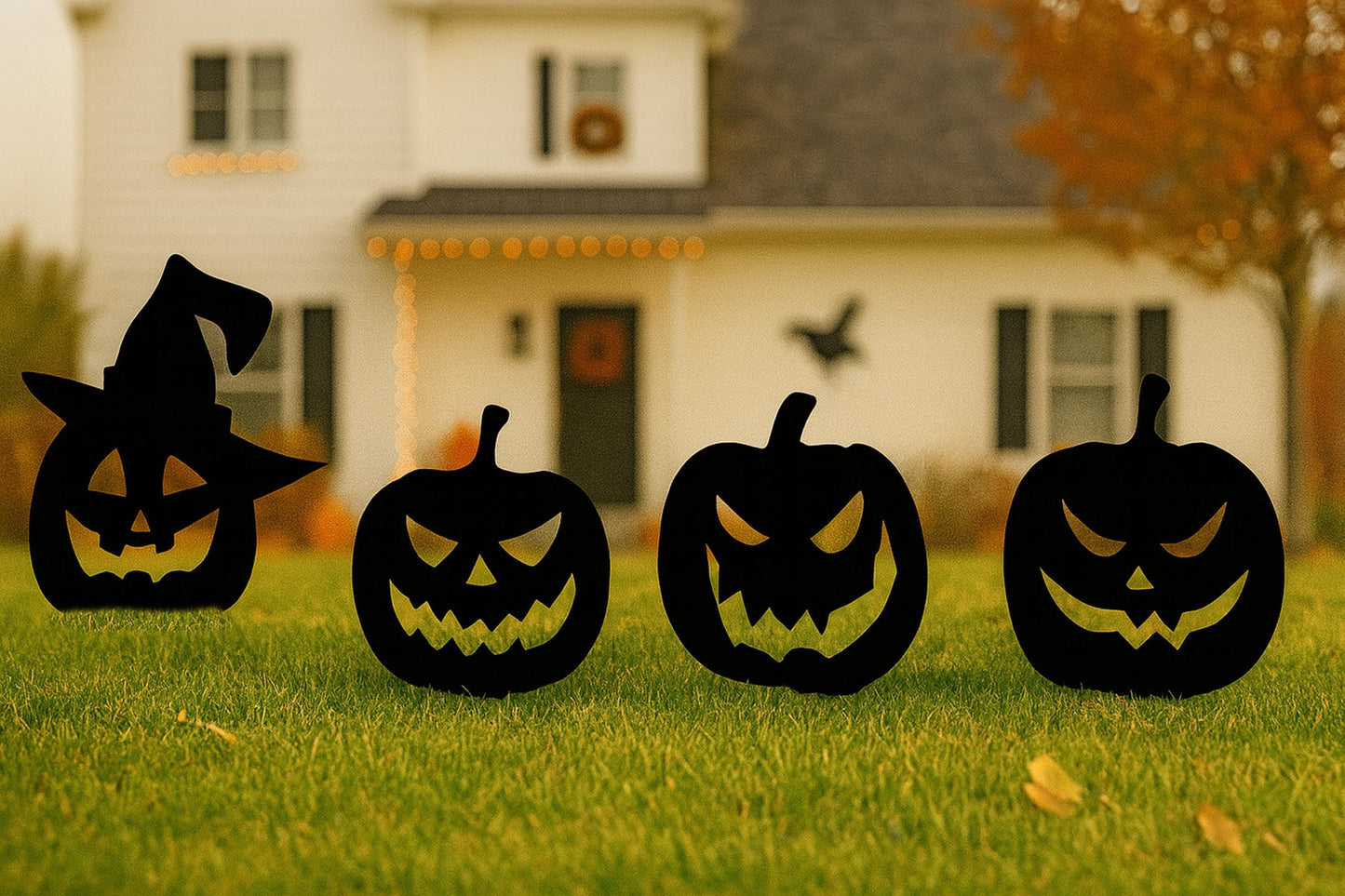 Halloween Pumpkin Yard Display Set, 4 White PVC Jack O’ Lantern Stakes, Spooky Outdoor Decor, Scary Garden Signs, Fall Lawn Decoration