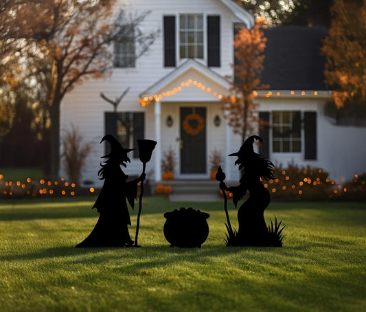 Witch Halloween Yard Display, Outdoor PVC Witch Silhouettes with Cauldron, Spooky Garden Decoration for Lawn or Porch