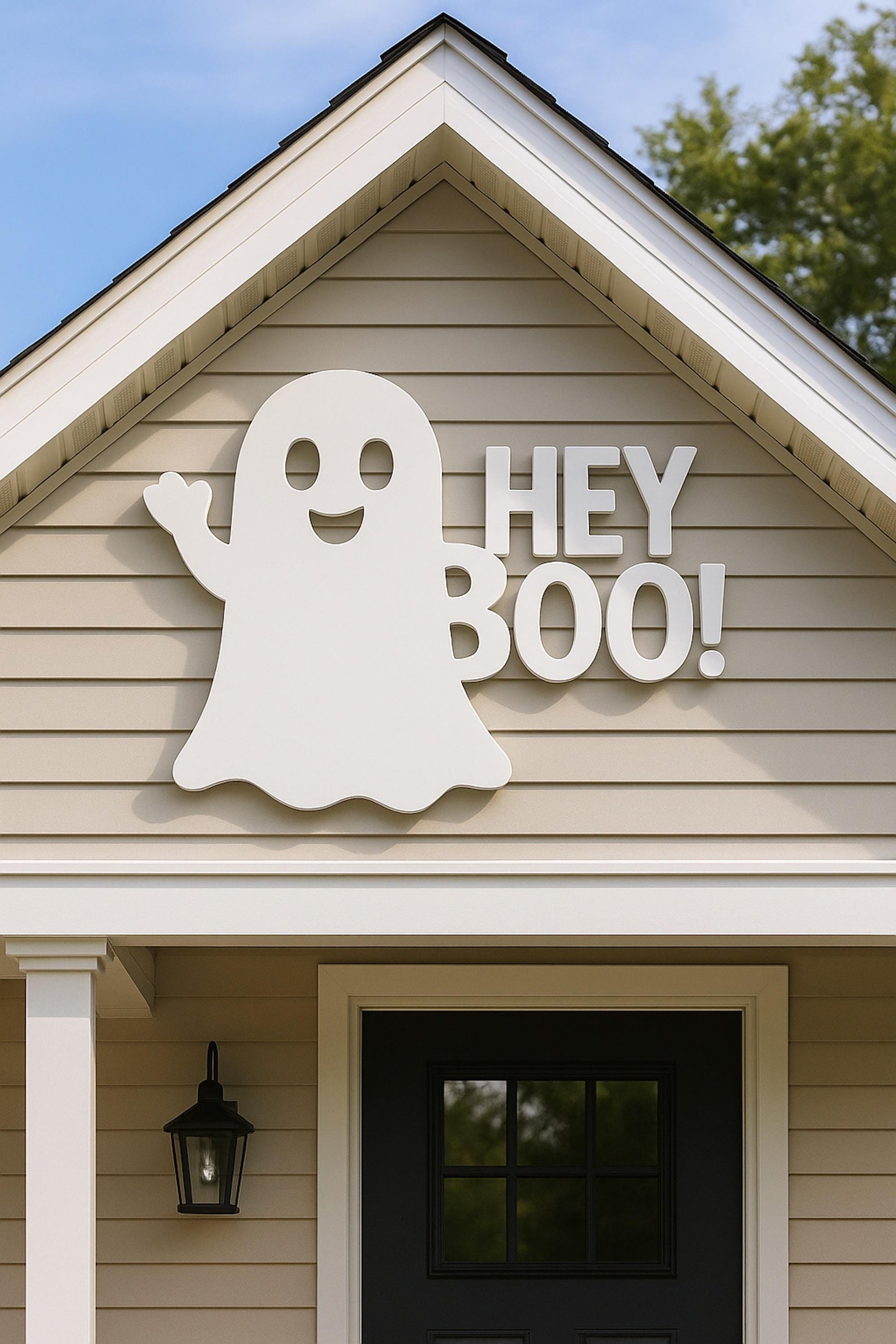 Halloween Ghost Door Sign, White PVC Outdoor Wall Decor, “Hey Boo!” Front Door Greeting, Weatherproof Porch or Entryway Accen