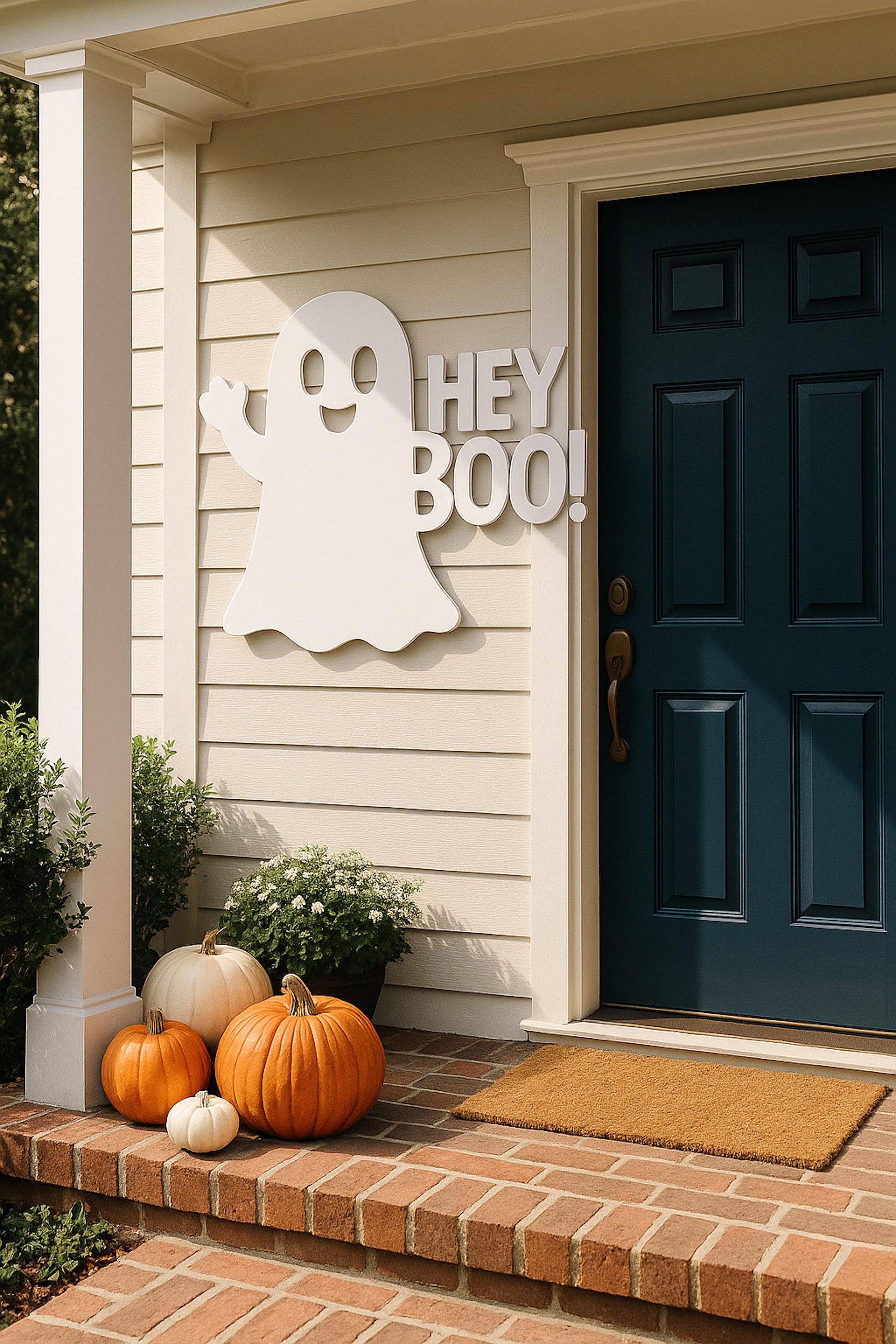 Halloween Ghost Door Sign, White PVC Outdoor Wall Decor, “Hey Boo!” Front Door Greeting, Weatherproof Porch or Entryway Accen