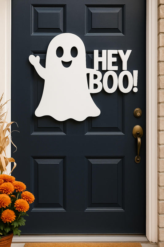 Halloween Ghost Door Sign, White PVC Outdoor Wall Decor, “Hey Boo!” Front Door Greeting, Weatherproof Porch or Entryway Accen