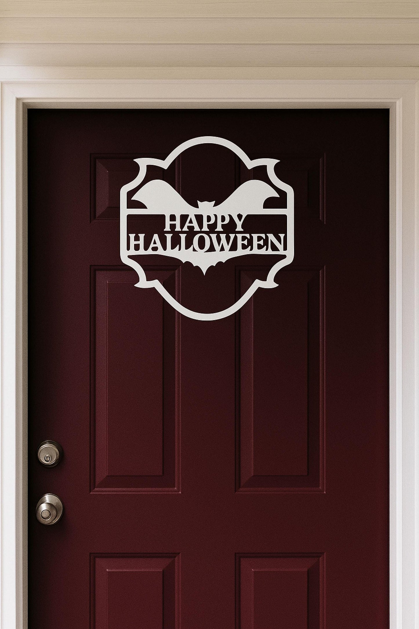 Halloween Door Sign, Bat-Shaped Happy Halloween Wall Decor for Front Porch, Garage, or Entryway, White PVC Outdoor Decoration
