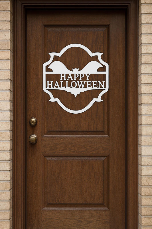 Halloween Door Sign, Bat-Shaped Happy Halloween Wall Decor for Front Porch, Garage, or Entryway, White PVC Outdoor Decoration