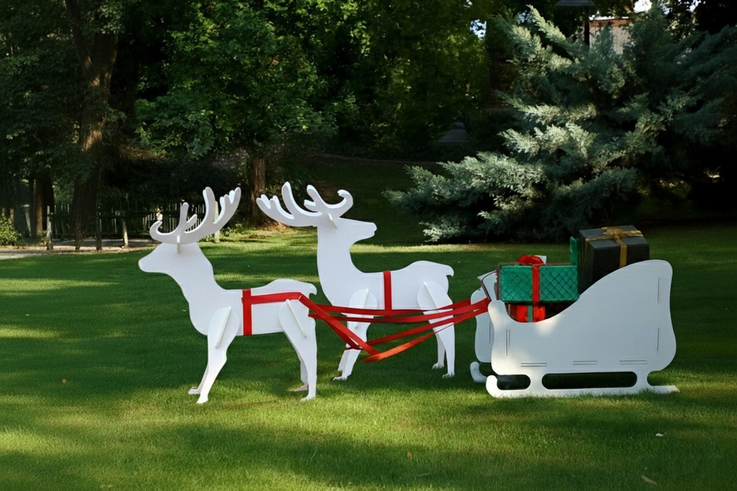 Christmas Reindeer and Sleigh Yard Display Set, Large PVC Outdoor Decoration, All-Weather Garden Art, Holiday Lawn Decor, Winter Yard Scene