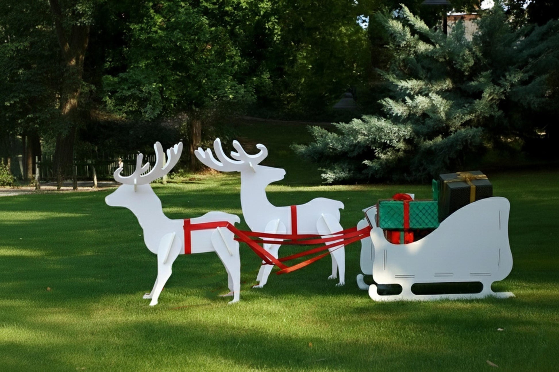 Christmas Reindeer and Sleigh Yard Display Set, Large PVC Outdoor Decoration, All-Weather Garden Art, Holiday Lawn Decor, Winter Yard Scene