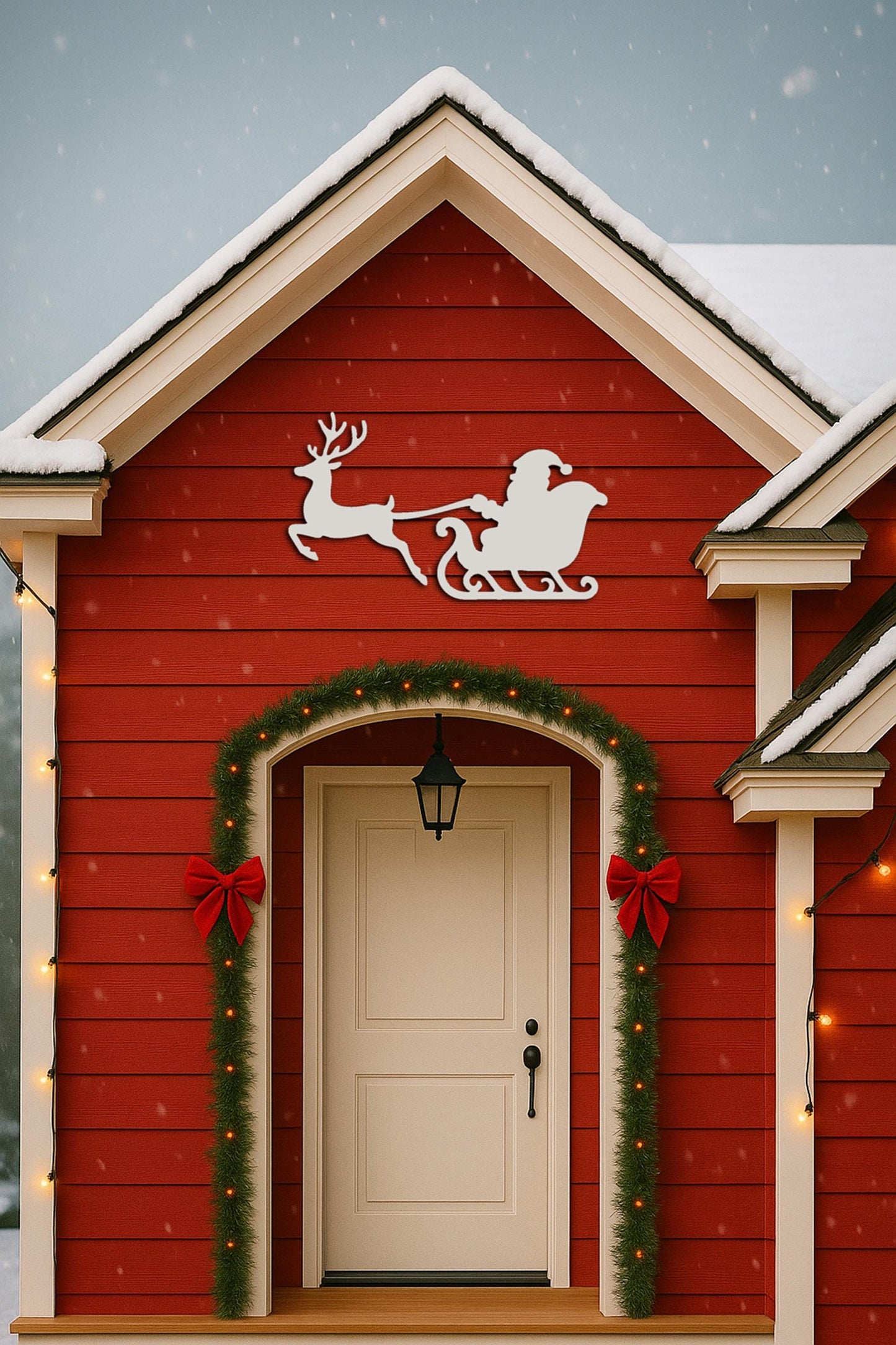 Santa Sleigh and Reindeer Wall Sign, PVC Outdoor Christmas Decoration, Weatherproof Holiday Porch Wall Art for Home & Front D