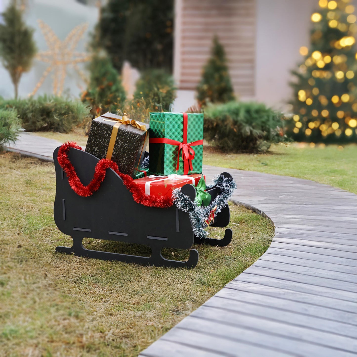 Black Christmas Sleigh Yard Display, Giant All-Weather PVC Sledge, Outdoor Holiday Garden Decoration, Modern Christmas Yard Art
