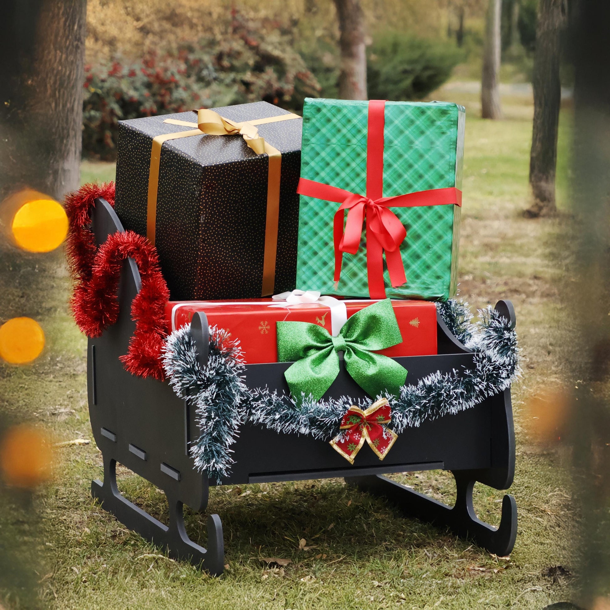 Black Christmas Sleigh Yard Display, Giant All-Weather PVC Sledge, Outdoor Holiday Garden Decoration, Modern Christmas Yard Art