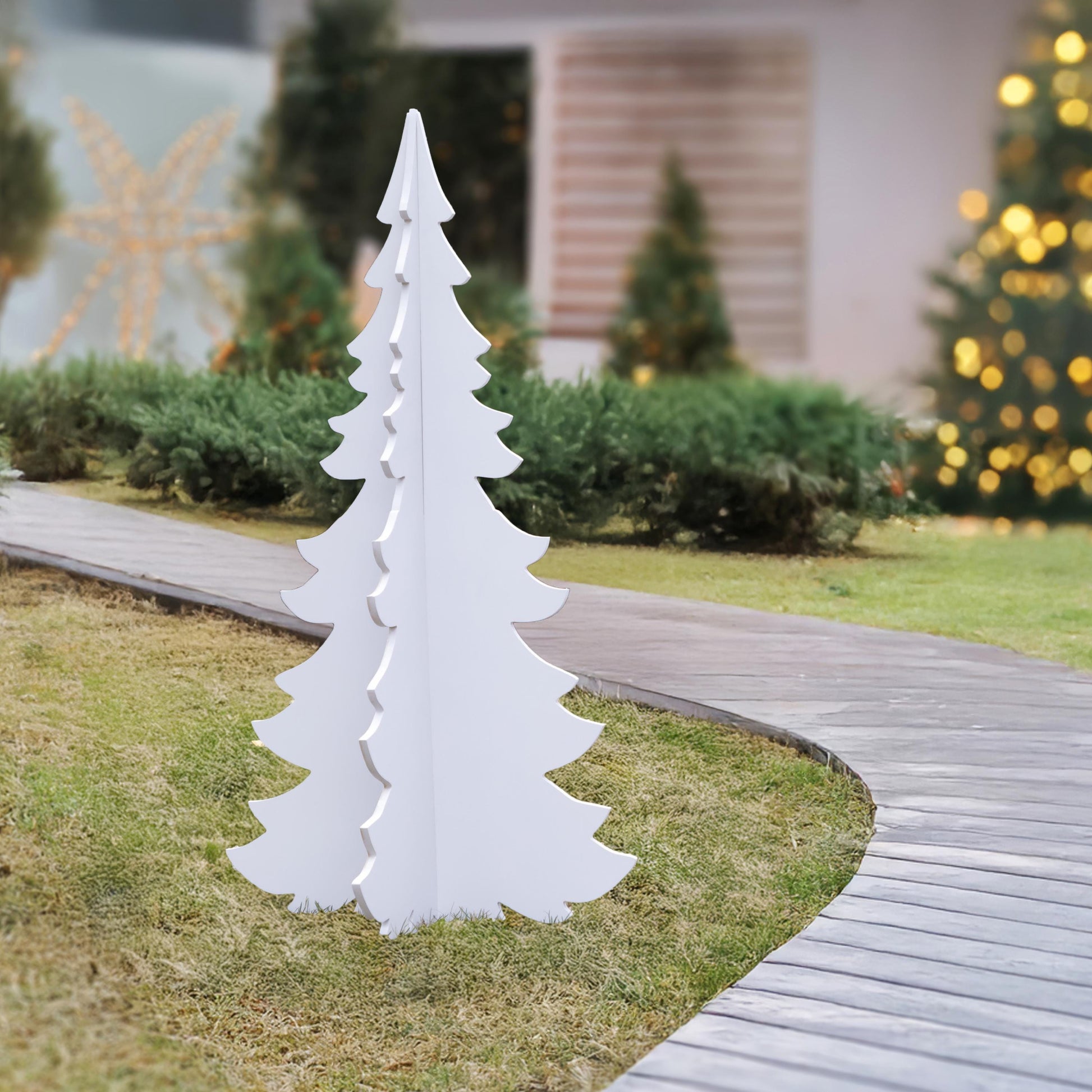Set of 2  Christmas Tree Yard Displays, All-Weather PVC Holiday Decoration, 4 Ft Indoor Outdoor Tree Set, Winter Wonderland Garden Decor