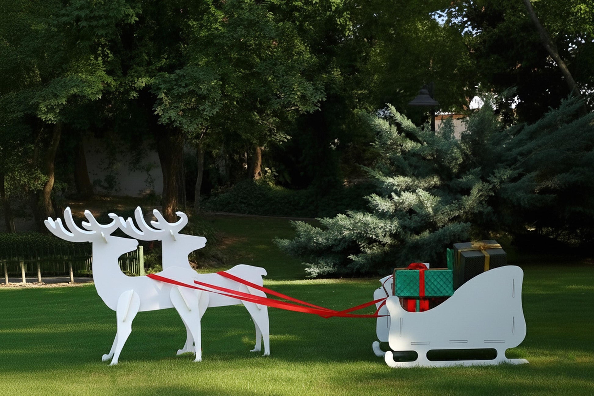 Christmas Reindeer and Sleigh Yard Display Set, Large PVC Outdoor Decoration, All-Weather Garden Art, Holiday Lawn Decor, Winter Yard Scene