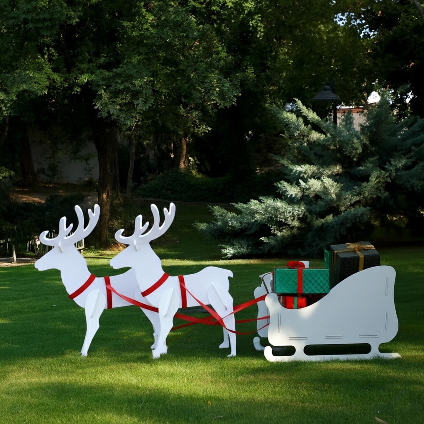 Christmas Reindeer and Sleigh Yard Display Set, Large PVC Outdoor Decoration, All-Weather Garden Art, Holiday Lawn Decor, Winter Yard Scene