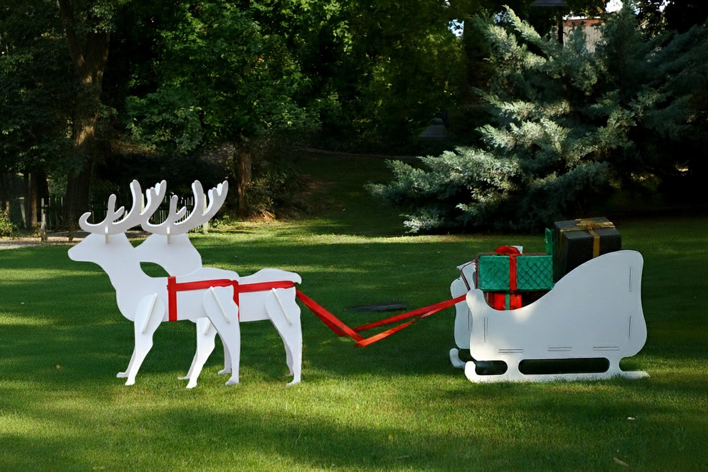 Christmas Reindeer and Sleigh Yard Display Set, Large PVC Outdoor Decoration, All-Weather Garden Art, Holiday Lawn Decor, Winter Yard Scene