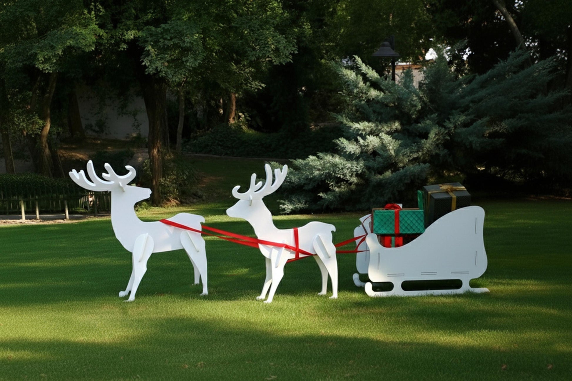 Christmas Reindeer and Sleigh Yard Display Set, Large PVC Outdoor Decoration, All-Weather Garden Art, Holiday Lawn Decor, Winter Yard Scene