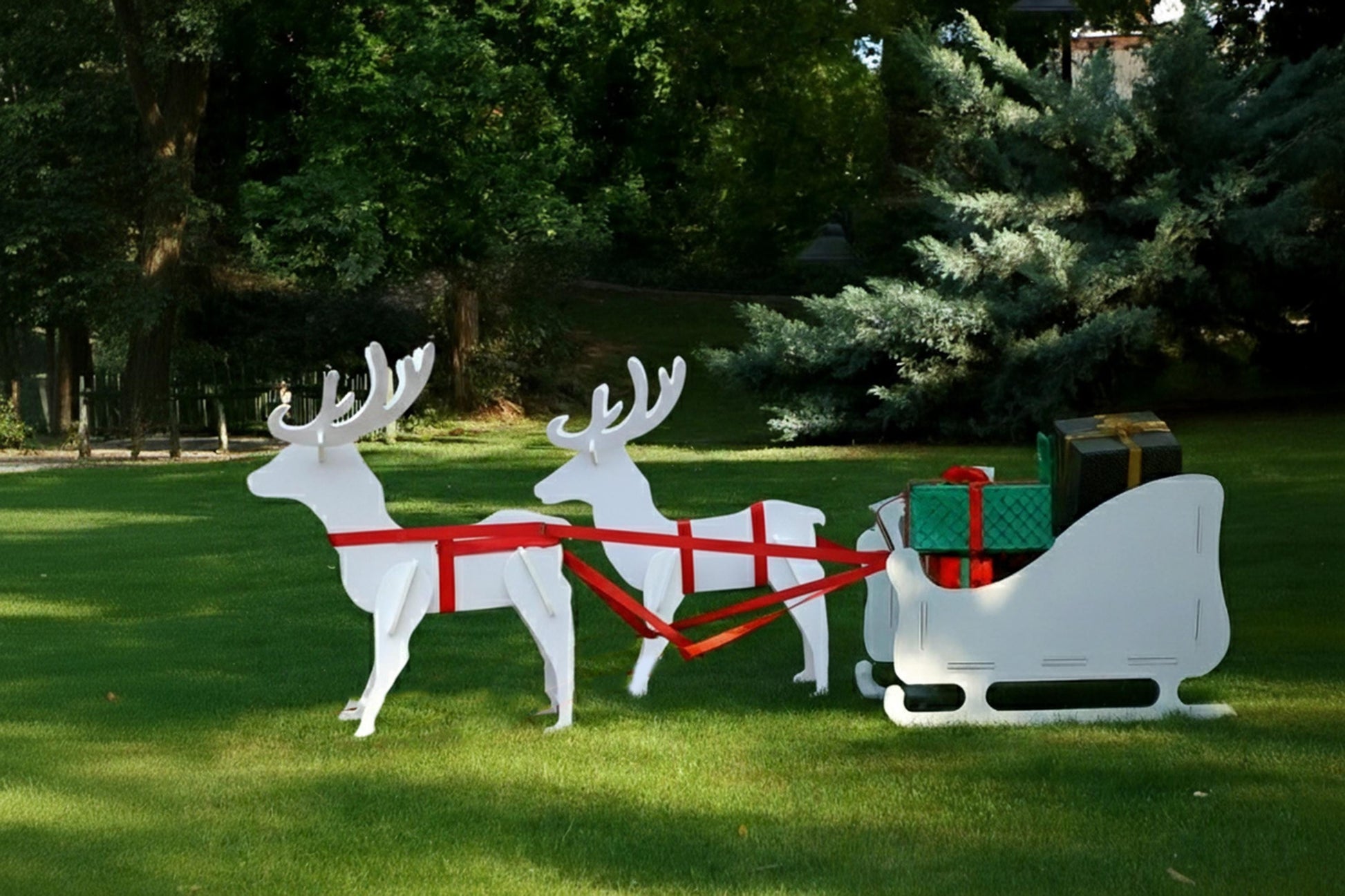 Christmas Reindeer and Sleigh Yard Display Set, Large PVC Outdoor Decoration, All-Weather Garden Art, Holiday Lawn Decor, Winter Yard Scene