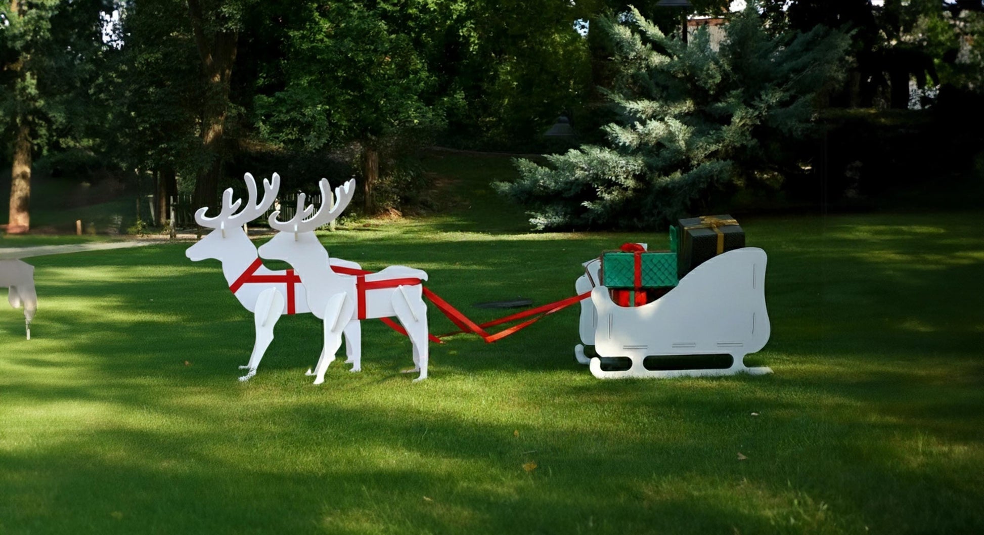 Christmas Reindeer and Sleigh Yard Display Set, Large PVC Outdoor Decoration, All-Weather Garden Art, Holiday Lawn Decor, Winter Yard Scene