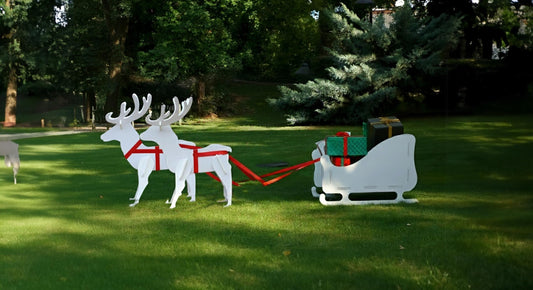 Christmas Reindeer and Sleigh Yard Display Set, Large PVC Outdoor Decoration, All-Weather Garden Art, Holiday Lawn Decor, Winter Yard Scene