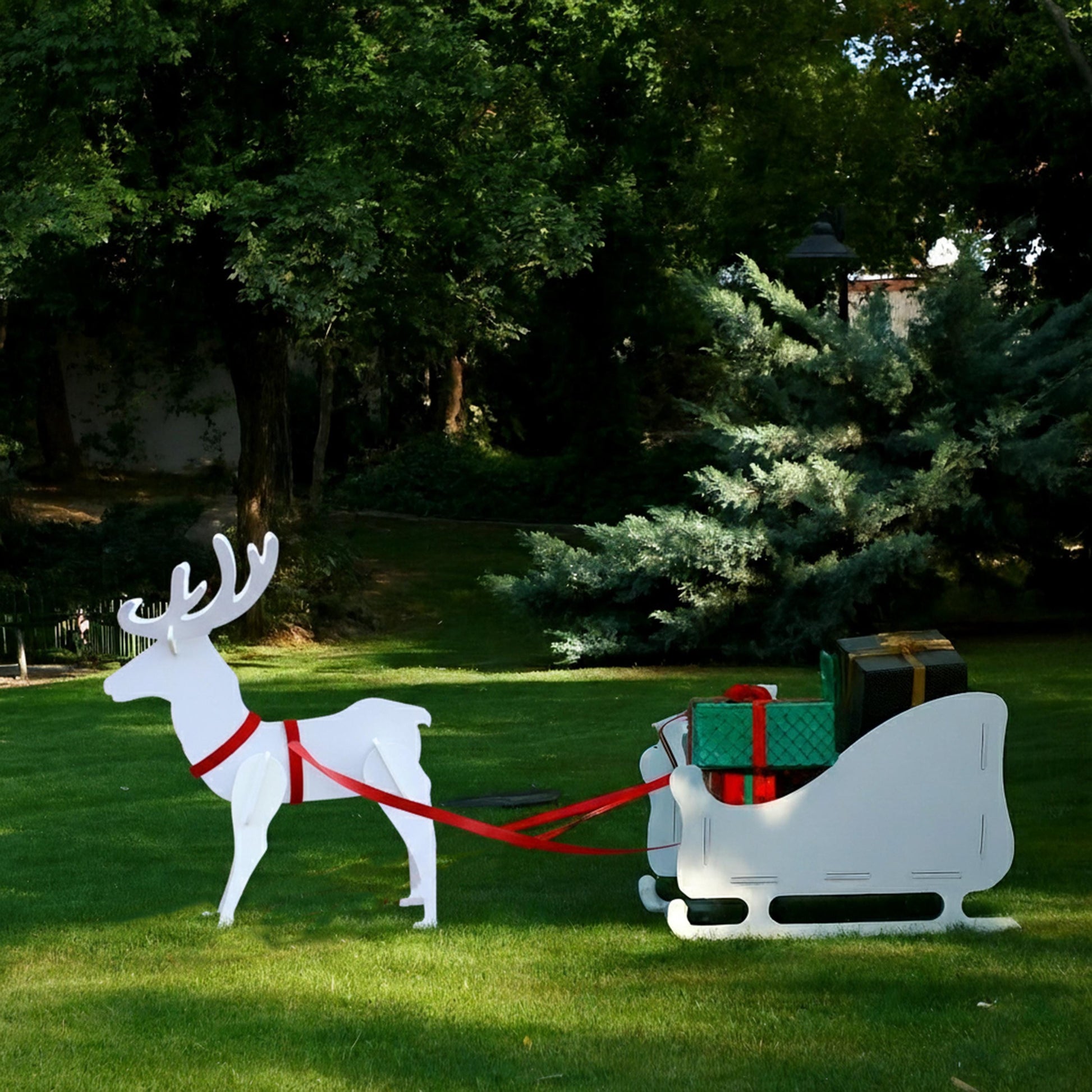 Christmas Reindeer and Sleigh Yard Display Set, Large PVC Outdoor Decoration, All-Weather Garden Art, Holiday Lawn Decor, Winter Yard Scene
