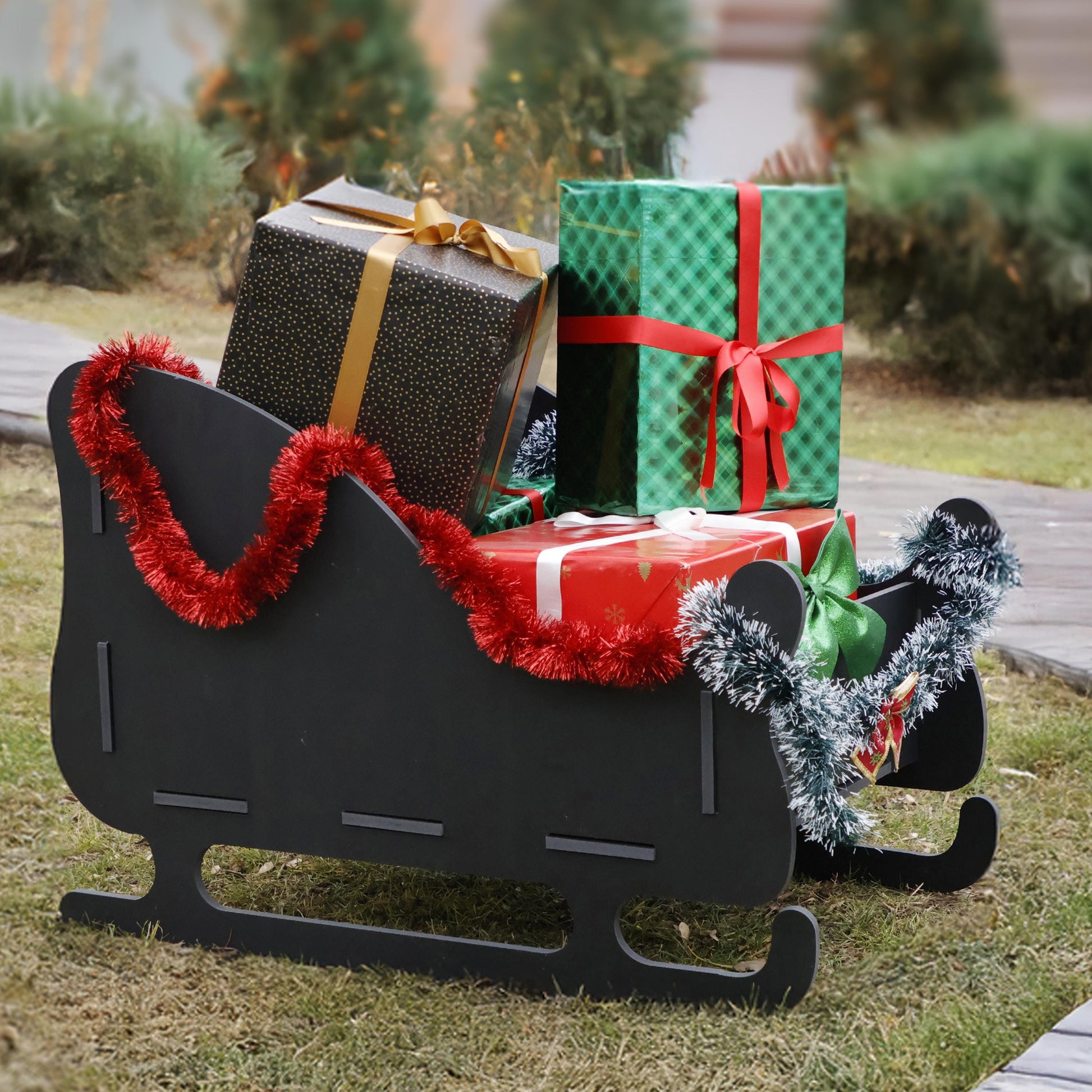 Black Christmas Sleigh Yard Display, Giant All-Weather PVC Sledge, Outdoor Holiday Garden Decoration, Modern Christmas Yard Art